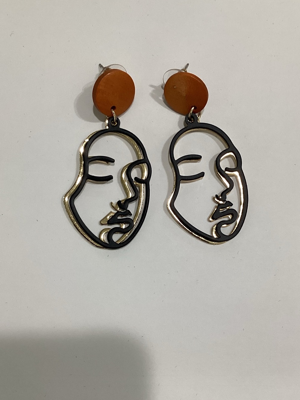 Fashion Jewelry Abstract Face Drop Earrings - Brown and Gold-Tone